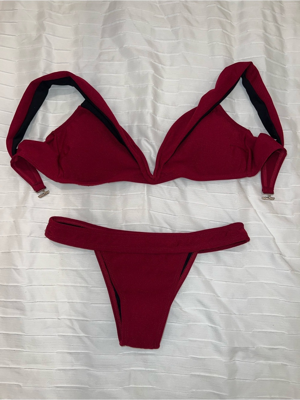 Red Burgundy Bikini Set deep plunge Textured Two-Piece Swimwear SIZE SMALL